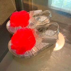Baby jelly, sandals, sparkly gray with pink bow size 2